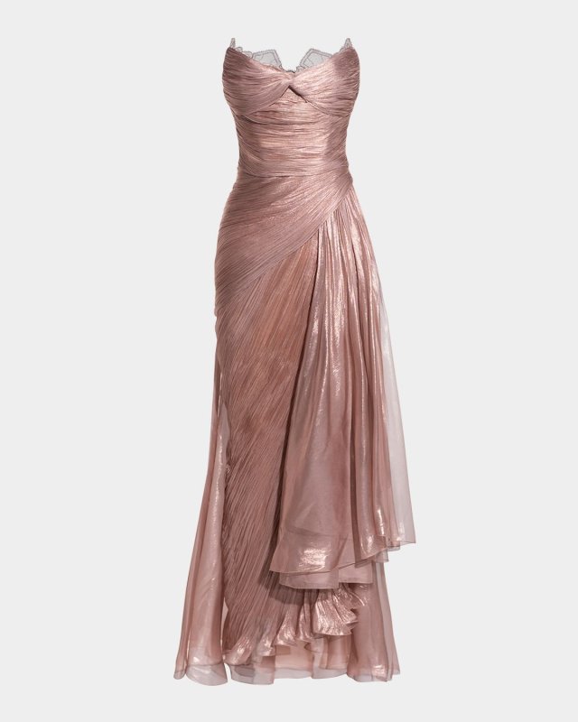 Jolie Strapless Metallic Plisse High-Low Gown